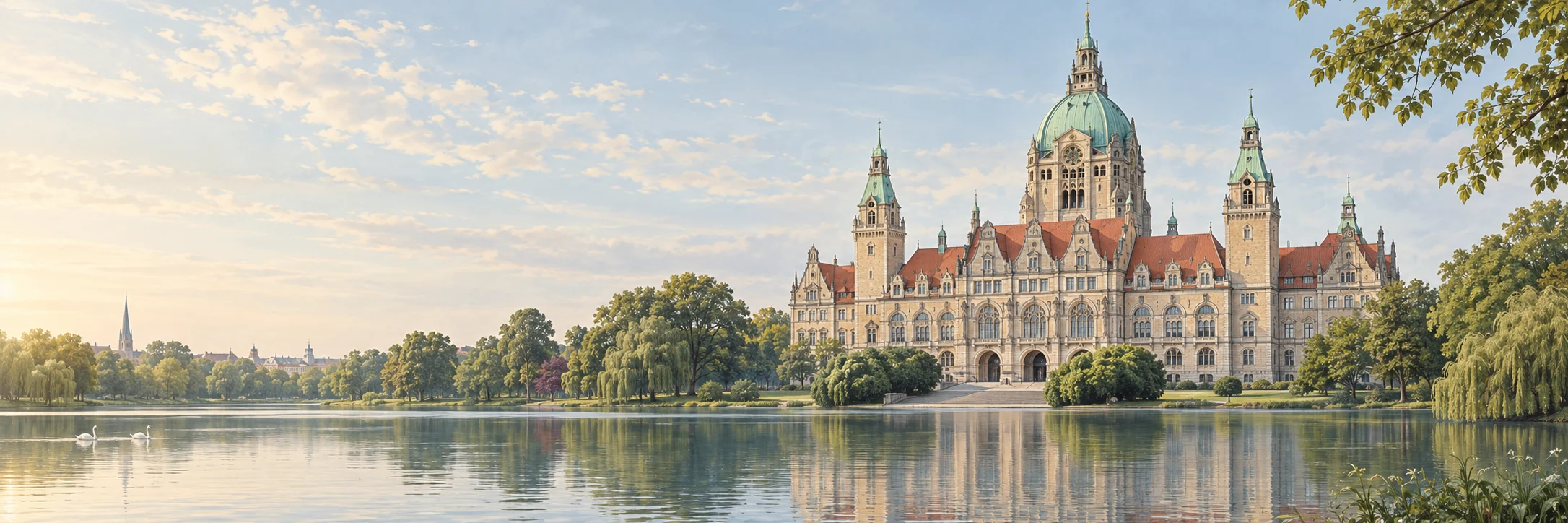KI-Illustration: Neues Rathaus Hannover mit Maschpark
